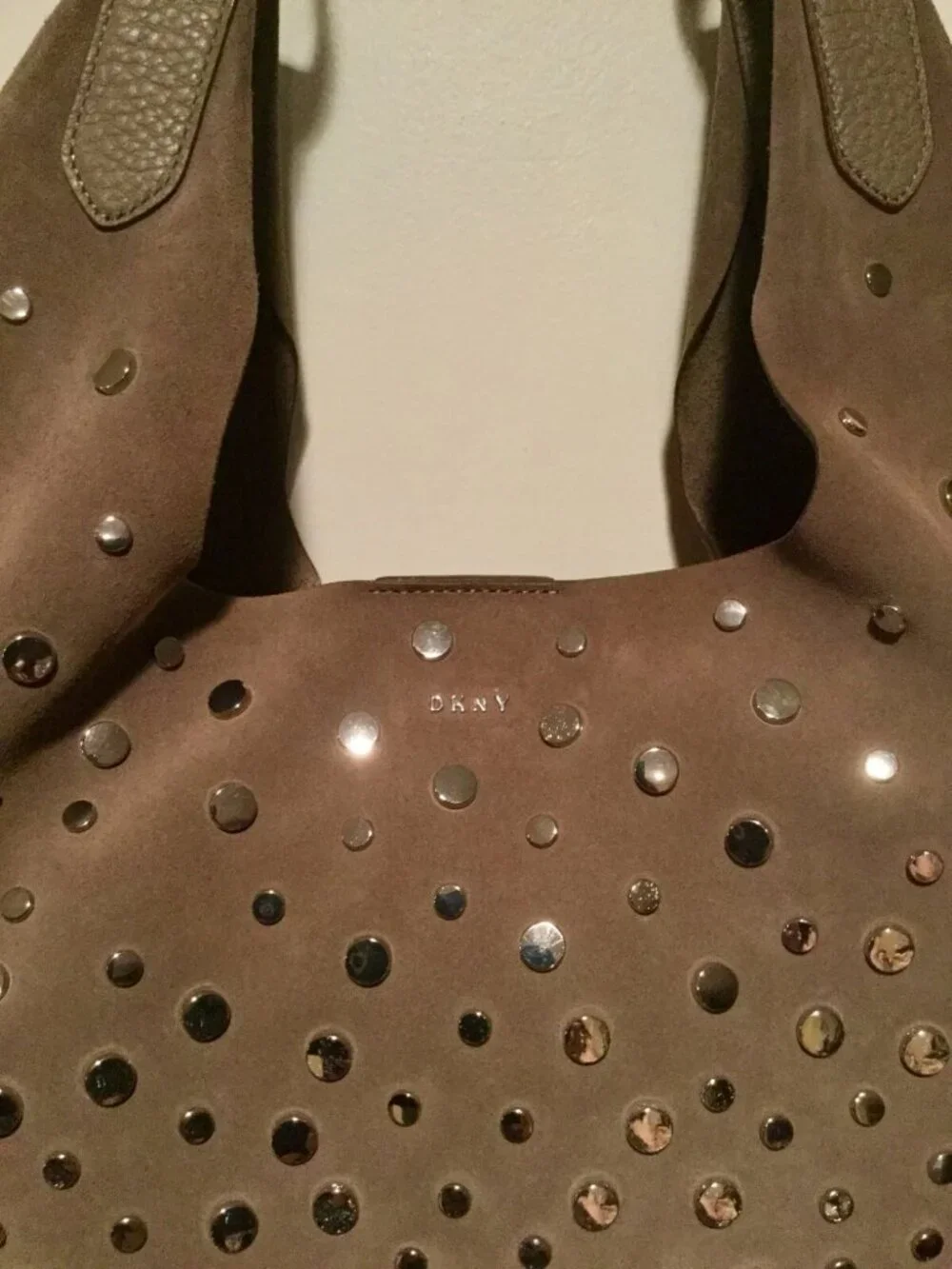 DKNY Wes Desert Beige Studded Suede Hobo Purse Handbag NWT $498